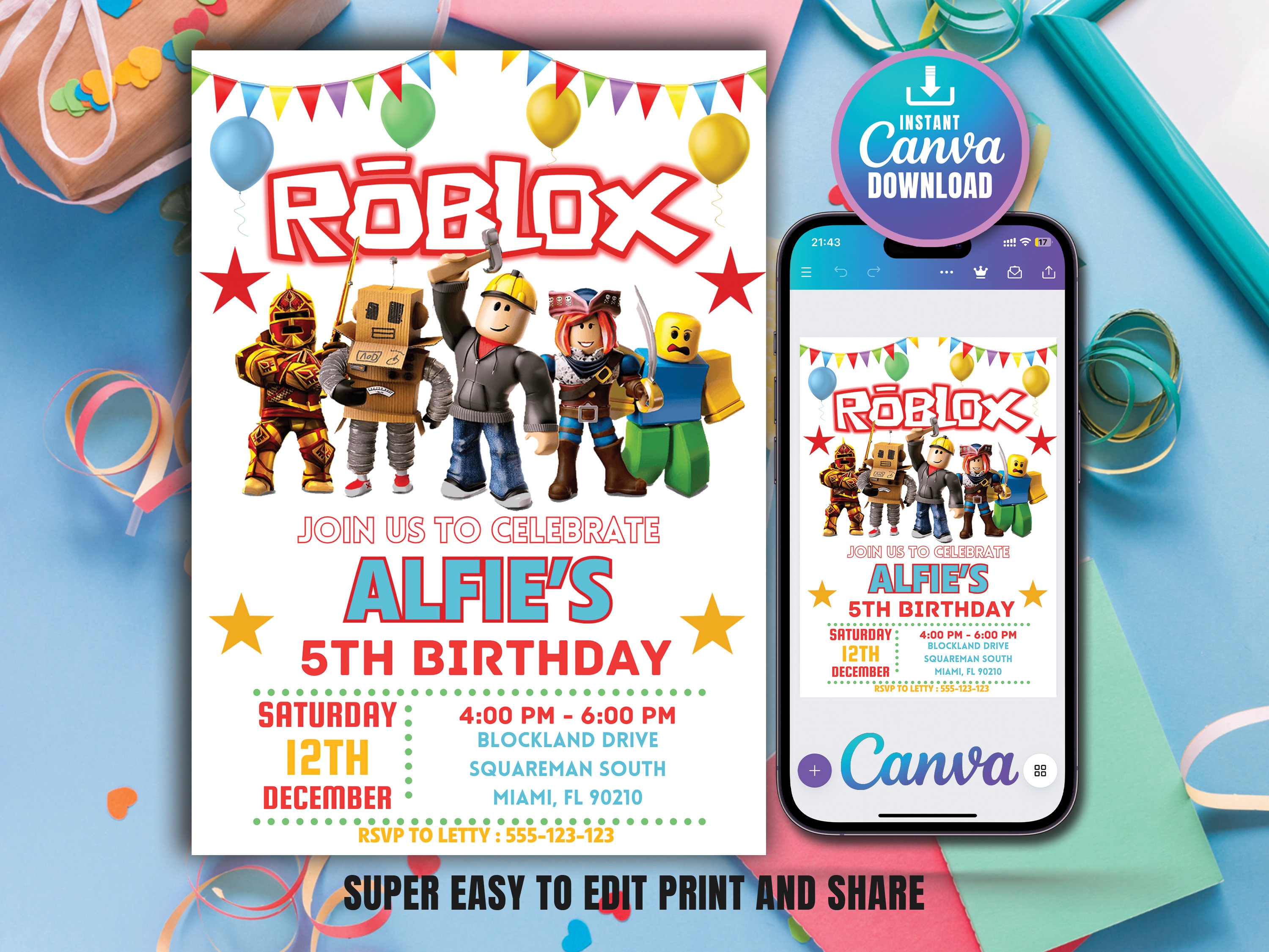 Roblox Birthday Invitation, Roblox Game Party, Roblox Invitation, Kids ...