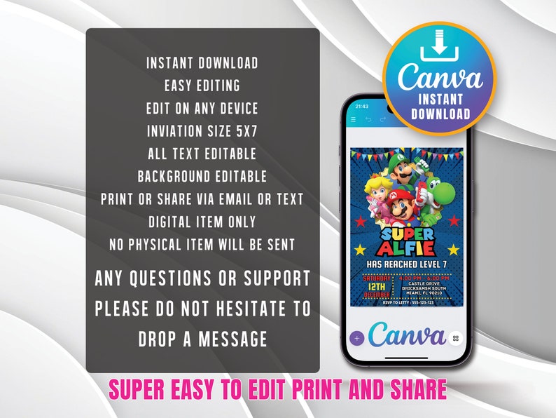 Super Mario Bros Invitation, Super Mario Birthday Invitation, Super ...