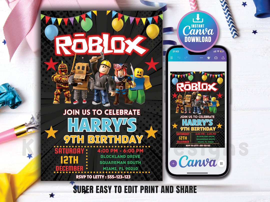 Roblox Birthday Invitation, Roblox Game Party, Roblox Invitation, Kids ...