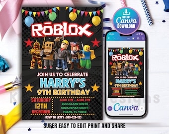 Invitación de cumpleaños de Roblox, fiesta de juegos de Roblox, invitación de Roblox, invitación de Roblox para niños, plantilla de Canva editable e imprimible, descarga instantánea