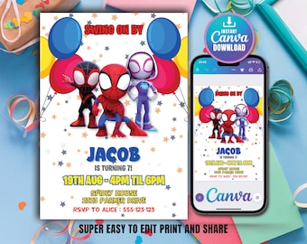 May include: A colorful invitation for a child's birthday party featuring Spiderman characters. The invitation says "Swing on by" and "Jacob is turning 7!" with the date and time of the party. The invitation also includes the address and RSVP information.