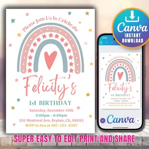 Editable Rainbow Birthday Invitation for Girls, Modern/Boho Pastel With Stars 1st 2nd 3rd Printable Template for Canva Digital Download
