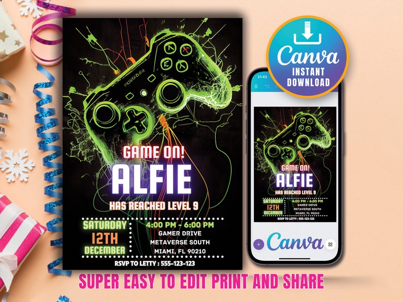 Controller Invites Editable Video Game Party Invitation, Level up Birthday Invite, Gamer ...