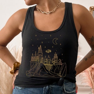 Flying Car with Castle at Night HP Tank Top | Wizard School Bella Canvas Tank | Universal Vacation Racerback Tank | Bookworm Potterhead Gift
