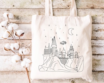 Wizard School Cotton Tote Bag | Flying Car, Castle Design