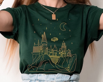 Flying Car with Castle at Night HP Shirt | Wizard School Shirt | Pottery Universal Vacation Shirt | Potterhead Gift | Potter Bookworm Shirt