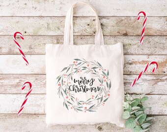 Merry Christmas Cotton Tote Bag, Holiday Gift