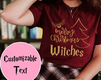 Customizable Merry Christmas Witches Shirt, Wizardry Tee, HP Fan Gift