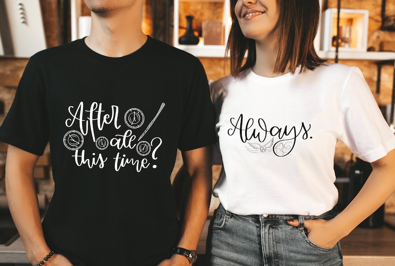 A potterhead couple wearing matching Bella Canvas Unisex 3001 t-shirts in colors black and white with the words always; and after all this time; in cursive lettering and with wizard symbols.
