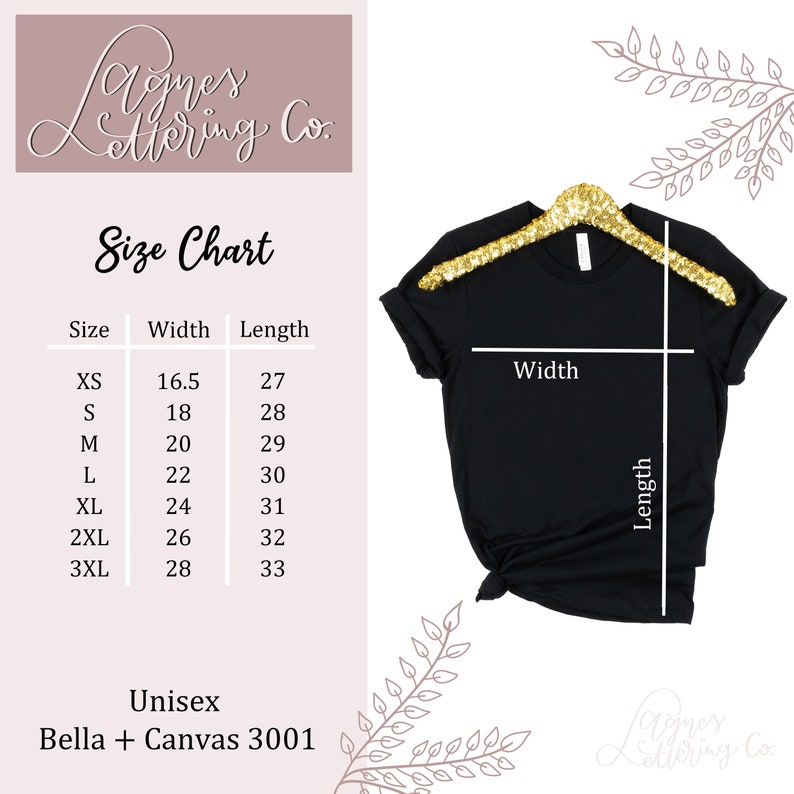 A Bella Canvas Unisex 3001 t-shirt with size chart and AgnesLetteringCo shop logo. Available sizes are listed from XS to 3XL.