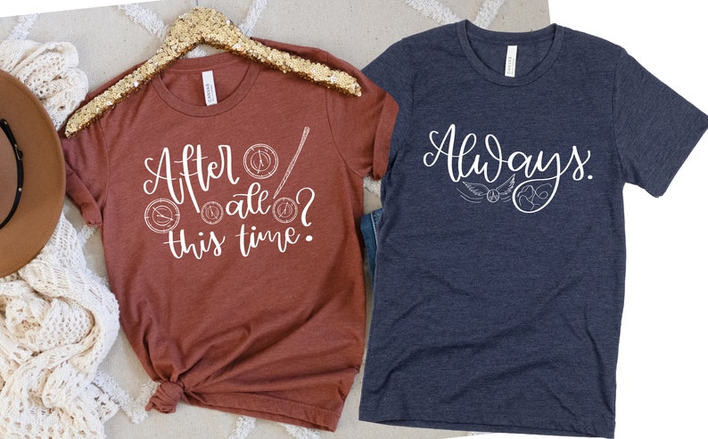A picture showing matching Bella Canvas Unisex 3001 t-shirts in colors heather clay and heather navy with the words always; and after all this time; in cursive lettering and with wizard symbols.
