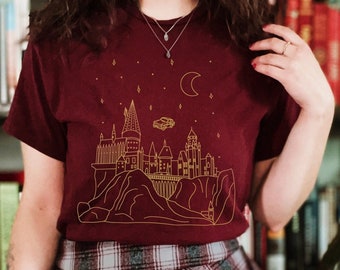 Flying Car with Castle at Night HP Shirt | Wizard School Shirt | Pottery Universal Vacation Shirt | Potterhead Gift | Potter Bookworm Shirt