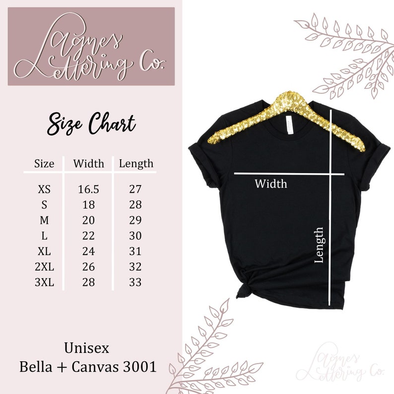 May include: Size chart for unisex Bella + Canvas 3001 t-shirts. The chart shows the width and length measurements in inches for sizes XS to 3XL.