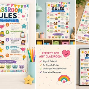 Può includere: Un poster con le regole della classe caratterizzato da testo colorato, illustrazioni di sole, cuori, stelle e un arcobaleno. Il poster elenca dieci regole numerate e una promessa di classe, con un design vivace e multicolore su sfondo bianco.