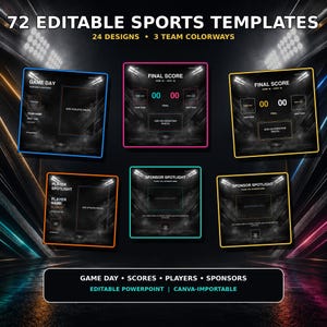 Può includere: Una collezione di 72 modelli sportivi modificabili con 24 design e 3 combinazioni di colori per le squadre. Le grafiche includono layout per giorni di partita, punteggi finali, profili dei giocatori e degli sponsor, compatibili con PowerPoint e Canva.