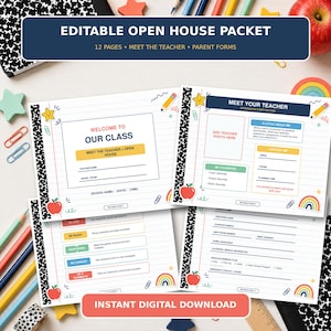 May include: An editable open house packet featuring 12 pages of school-themed templates. The documents include a welcome page, meet the teacher forms, and parent information sheets with colorful graphics of apples, rainbows, and pencils.