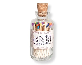 Glass MATCH BOTTLE| Safety Matches | Artisan Matches | Matches In Jar | 55 Colorful Rainbow Wooden Safety Matchstick in Glass Bottle