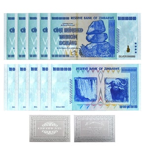 5 x Hundred Trillion Dollar Silver Plated Banknote Zimbabwe + Certificate