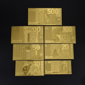 Set of 7 notes or individual Euro banknotes 24 carat gold plated