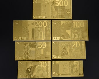 Set of 7 notes or individual Euro banknotes 24 carat gold plated