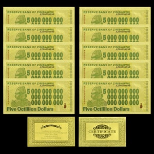 Zimbabwe/ 10 x Five Octillion 2008/ Dollar/ Billet plaqué or 24 carats/