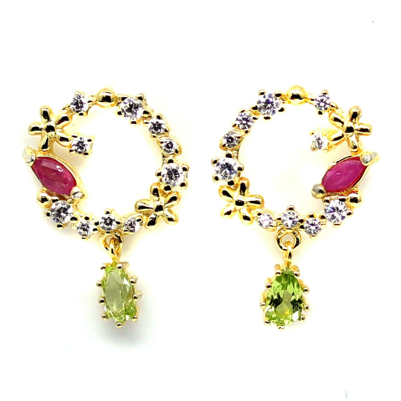 Beautiful Natural Ruby and Peridot Earrings Sterling Silver/Gold Plated