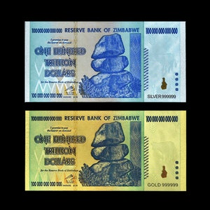 Je 2 Stück Hundred Trillion Dollar Gold + Silver Plated Banknote Zimbabwe