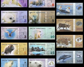 Arctic Territories banknotes set 1 to 500 Polar Dollar paper banknotes