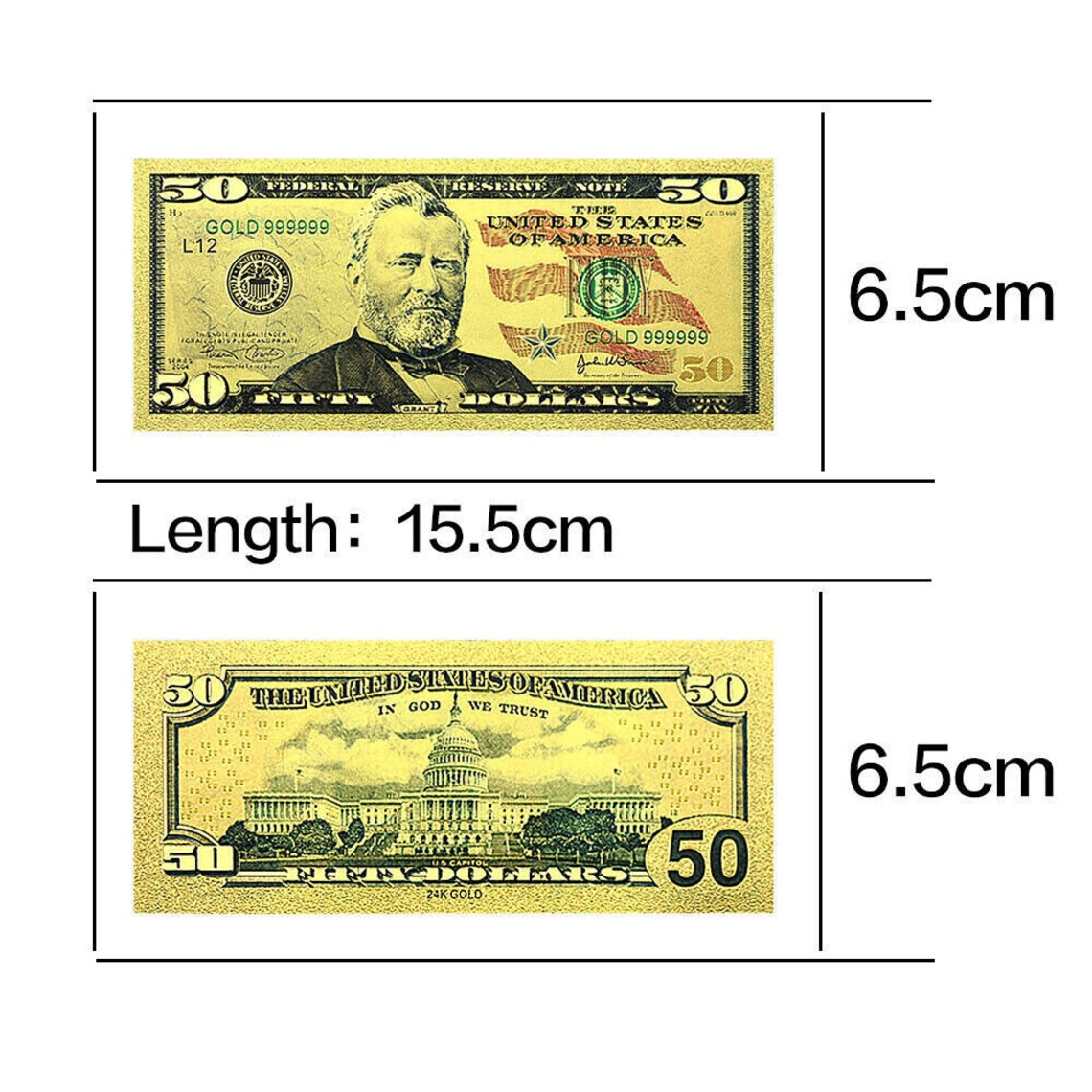 May include: Two gold-colored $50 bills. The top bill features a portrait of Ulysses S. Grant and the words 'The United States of America' and 'Fifty Dollars.' The bottom bill features a depiction of the Capitol Building and the words 'The United States of America' and 'In God We Trust' and 'Fifty Dollars.' Both bills have the words 'Federal Reserve Note' and '24K Gold' printed on them.