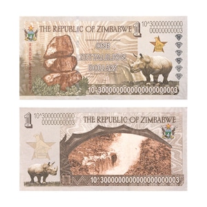 Zimbabwe dollar banknotes, bank fresh, uncirculated, 4 motifs