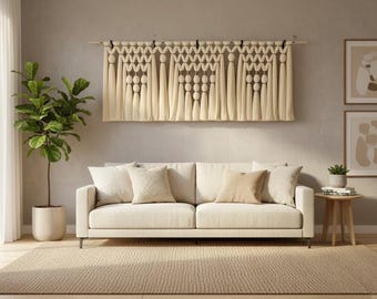 Large Macrame Wall Hanging 71x35", Oversized Boho Wall Decor, Modern Above Bed Art, Living Room Wall Art, Beige Tassel Macrame Tapestry