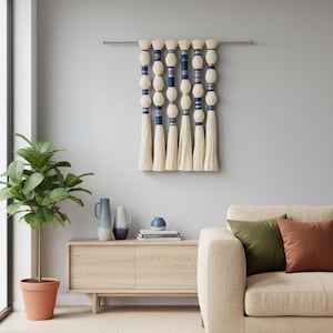 Handwoven Macrame Wall Hanging: Blue Boho Tapestry - Mid Century Modern