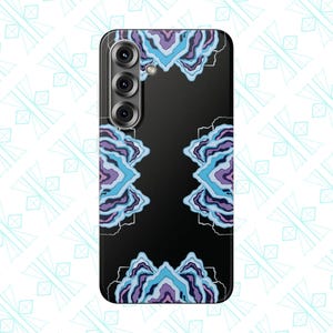 May include: Black smartphone case with a vibrant, symmetrical design in shades of blue, purple, and white. The case features a glossy finish and a camera module with three lenses. The design is abstract and artistic.