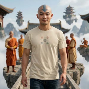 May include: A beige t-shirt featuring four small, colorful symbols. The shirt is worn by a person with a blue arrow tattoo on their head, standing on a stone bridge. In the background are monks in orange robes and traditional Asian architecture.