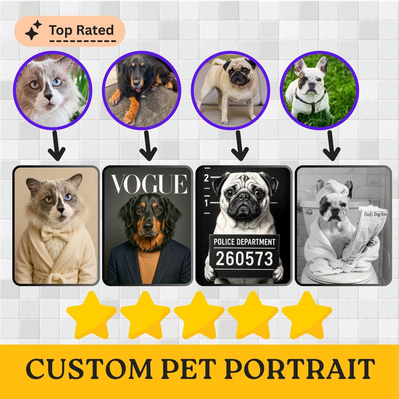 Four transformation examples: cat, retriever mix, pug and bulldog photos above finished spa‑themed portraits—cat in bathrobe, dog on Vogue cover, pug mug‑shot, bulldog in towel reading newspaper. Five gold stars over “Custom Pet Portrait.”