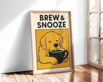 Póster divertido de perro y café: Impresión artística retro de cachorro