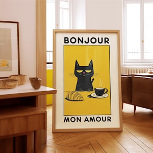 Poster personalizzato per caffè francese: stampa con gatto "Bonjour Mon Amour", graziosa decorazione da parete per cucina, stampe kawaii, regalo per amanti dei gatti, decorazione per caffè, senza cornice.