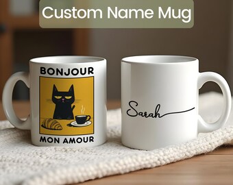 Personalized French Cat Mug: Bonjour Mon Amour Coffee Cup