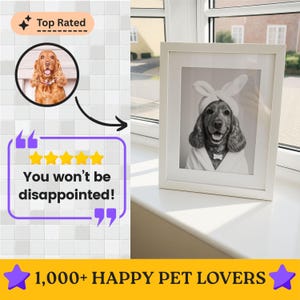 Testimonial mock‑up: circular photo of a cocker spaniel points to framed portrait of the same dog in a bunny‑ear towel robe on a windowsill. Quote box with five stars reads “You won’t be disappointed!” Banner notes “1,000+ happy pet lovers.”