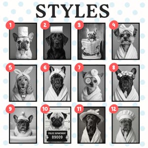 Style chart 1–12: black‑and‑white bathroom or spa scenes—dogs with toilet‑paper hats, newspaper on toilet, bunny ears, towel turbans, bubble bath, pug police line‑up, lab with sun‑hat, chef beanie, etc. Purple background title “STYLES.”