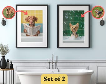 Conjunto de 2 retratos de mascotas personalizados, divertidos cuadros para el baño (descarga digital)