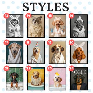 Style chart 13–24: color and B&W options—kitten in bunny robe, ragdoll cat in cream bathrobe, poodle brushing teeth, boxer in fleece robe, golden retriever in party hat, dachshund in green bathrobe reading newspaper, Vogue cover dog, more.