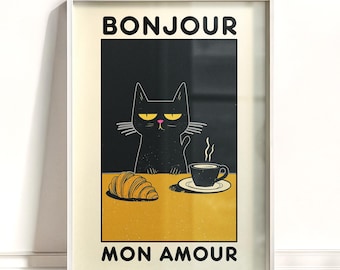 Black Cat French Cafe Print: Bonjour Mon Amour, Kitchen Coffee Art (UNFRAMED)