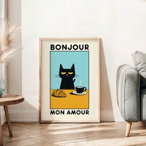 Poster con gatto "Bonjour Mon Amour", stampa da parete personalizzata con cornice, stampa di un divertente caffè francese, decorazione da cucina turchese, regalo minimalista per gli amanti dei gatti.
