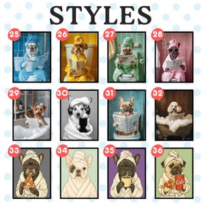 Style chart 25–36: vibrant bathroom scenes—dogs in blue, yellow, green, pink robes reading newspapers, yorkie in bubble bath, chihuahua selfie with headphones, bulldog pizza slice, French bulldog with coffee, pug with cola slice combo.