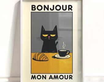 Bonjour Mon Amour Cat Print: Funny French Cafe Kitchen Art (UNFRAMED)