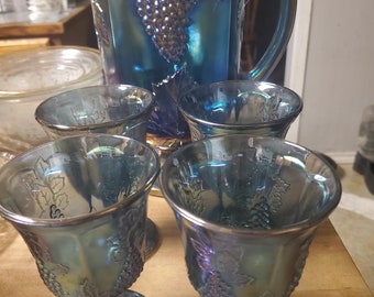 Indiana Glass Carnival Blue Harvest Grape Pitcher Set includes 6 goblets