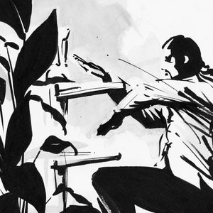 May include: Black and white ink drawing of a person reaching for a table with a plant in the foreground.