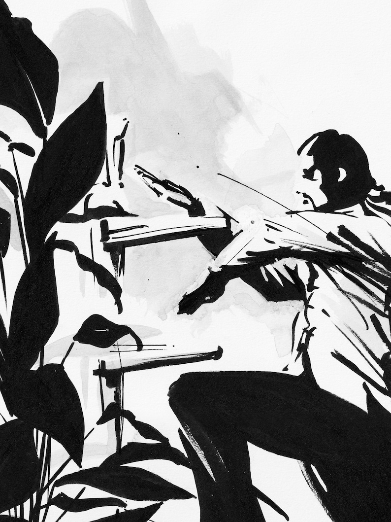 May include: Black and white ink drawing of a person reaching for a table with a plant in the foreground.