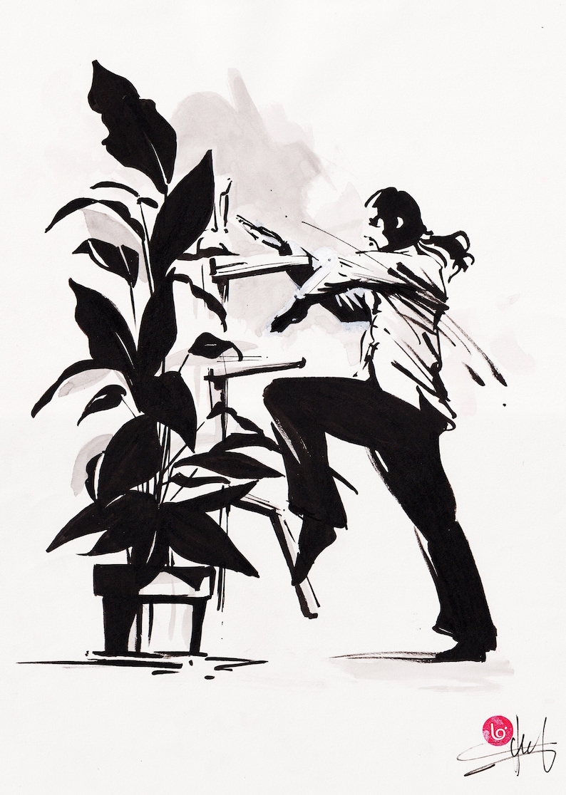 May include: A black and white ink drawing of a person practicing martial arts on a wooden dummy. The person is wearing a long-sleeved shirt and pants. A potted plant is in the background.